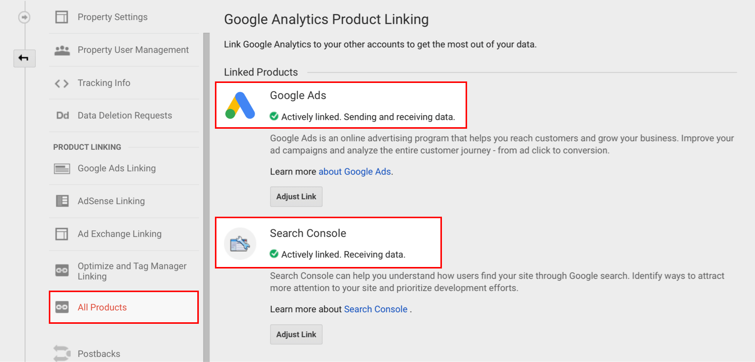 Google Analytics property settings product linking